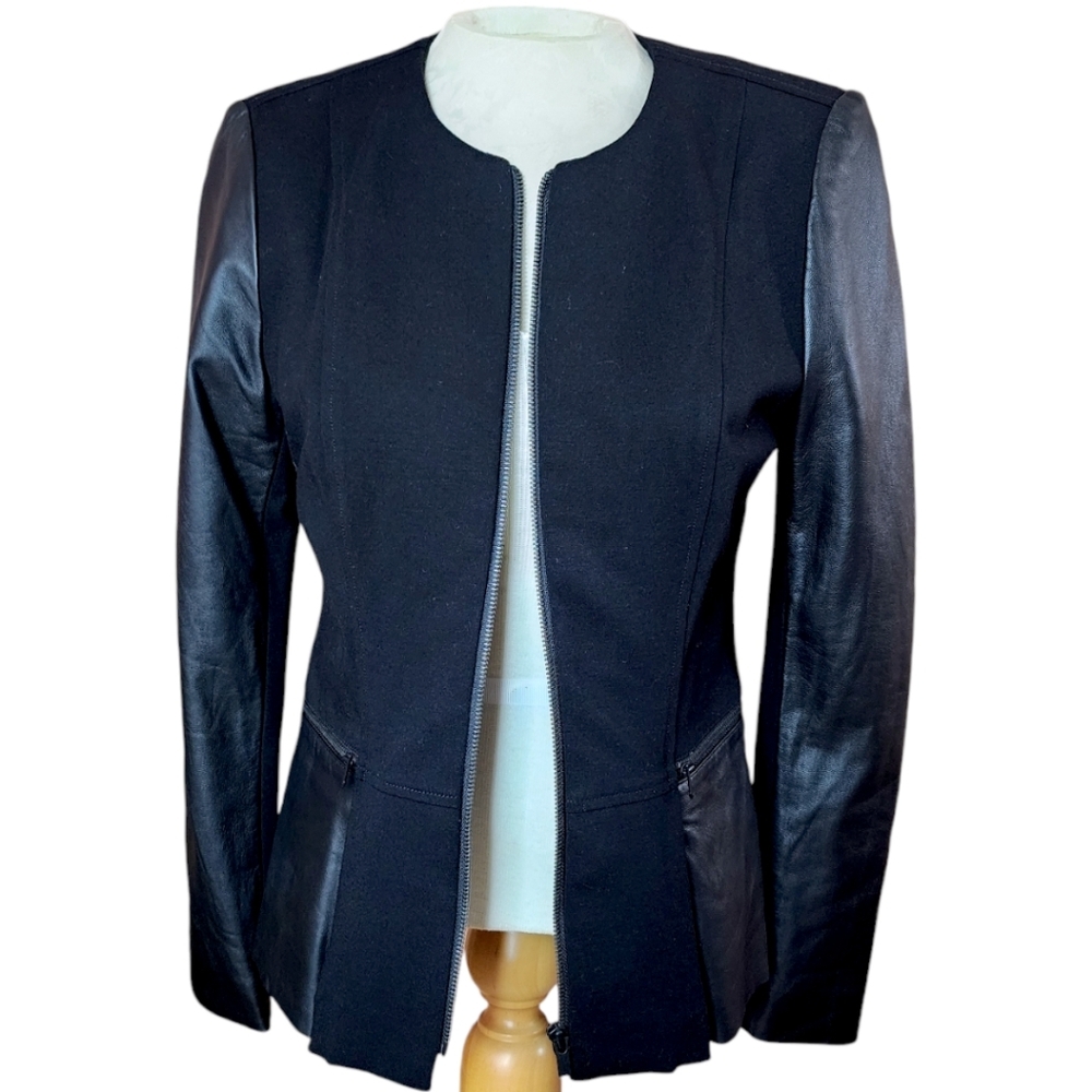 Ecru Faux Leather Detail Ponte Jacket with Zipper Pockets and Wrist Detail – EUC - Picture 3 of 9